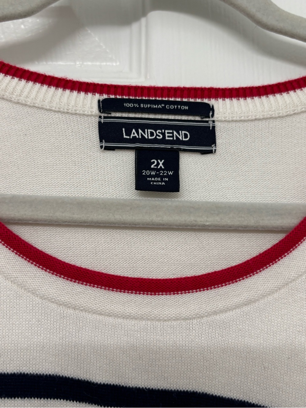 Lands End Women’s White Crewneck Sweater with Navy Stripes & Red Trim 2XL - Picture 2 of 4